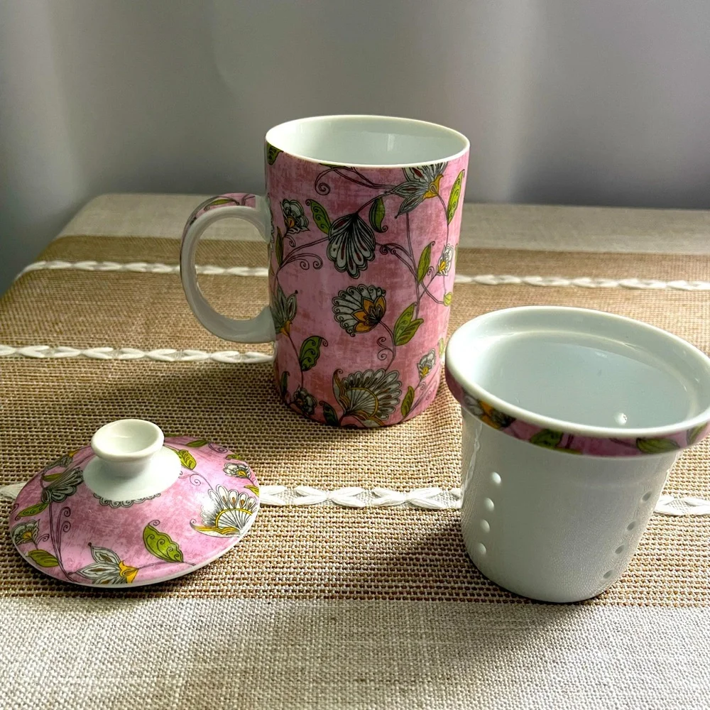 World Market Tea Cup & Infuser with Lid - 3pc Pink Flower & Leaf Floral Design - Picture 3 of 10